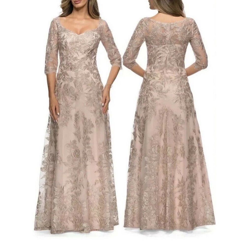La Femme Women’s Floral Embroidered Mesh A-Line Gown Dress